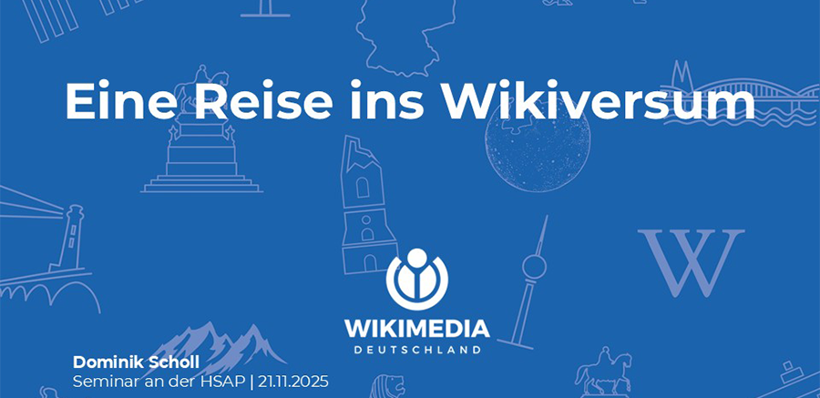 blaue Folie mit verschiedenen kleinen Symbolen und dem Text „Eine Reise ins Wikiversum“ sowie „Dominik Scholl und 21.11.2025)